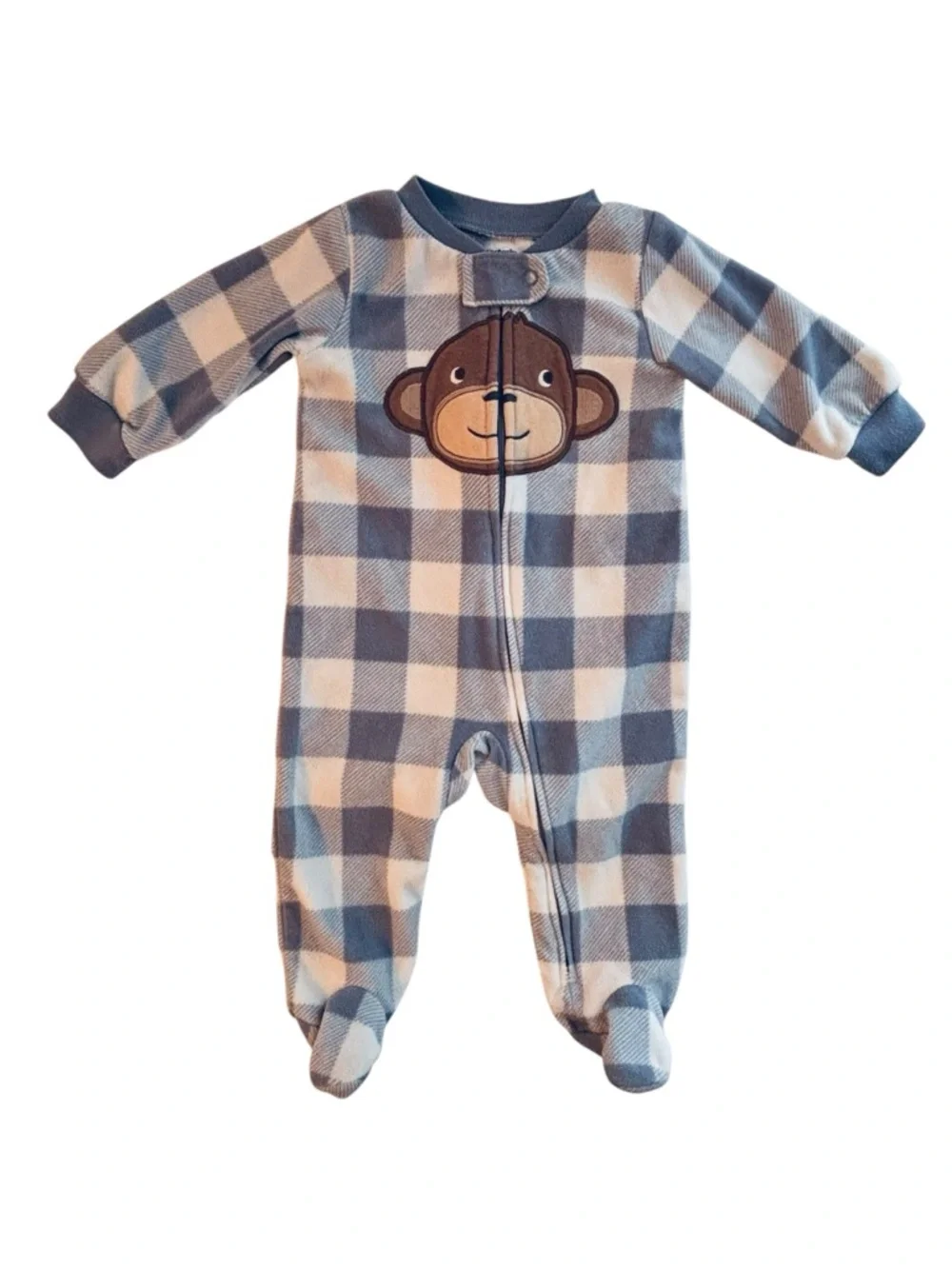 Carter's Blue and Cream Plaid Monkey Fleece Footed One-Piece 6 Months 8 0556